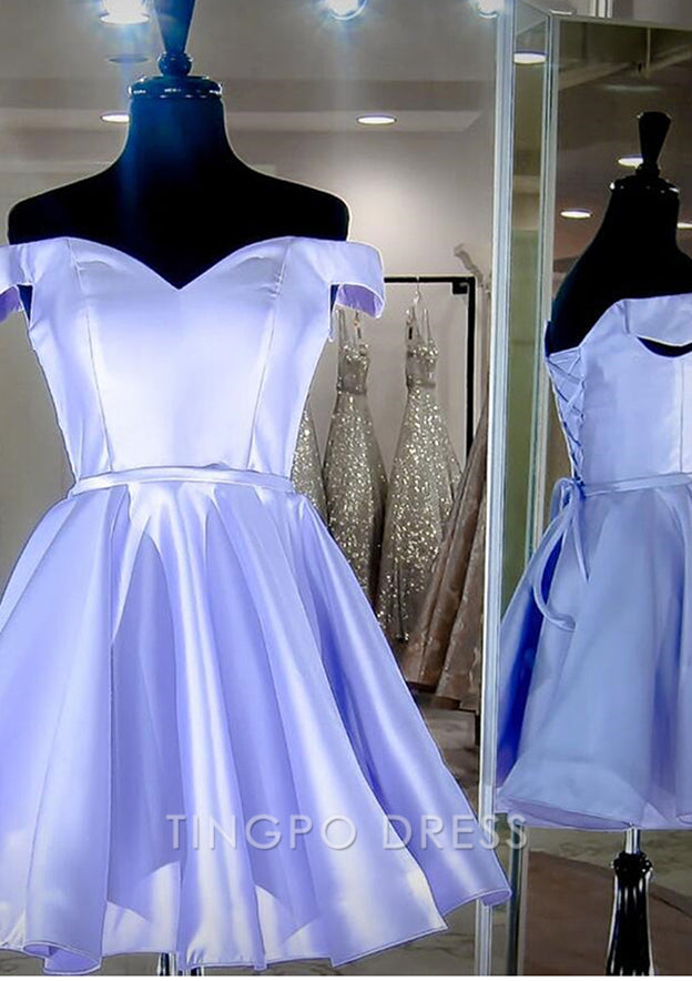TingPo Wholesale A-line Off-the-Shoulder Sleeveless Charmeuse Short/Mini Homecoming Dress